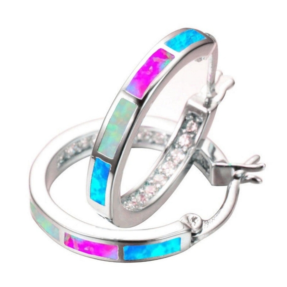 Multi Colored Simulated Opal Hoop Earring with Siver Overlay - Picture 1 of 3